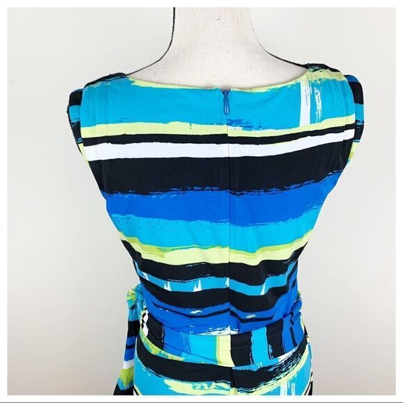 Tahari Bright Blue Multi Striped Side Draped Sleeveless Work Party Dress Sz 8 - Picture 9 of 13